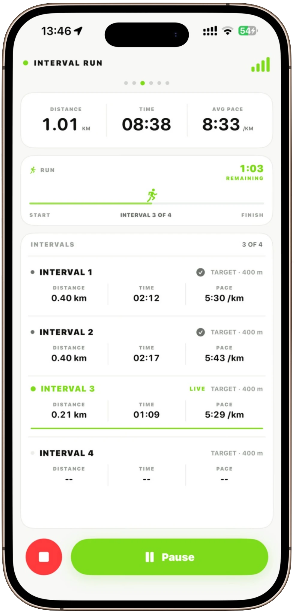Interval Run live session in light mode